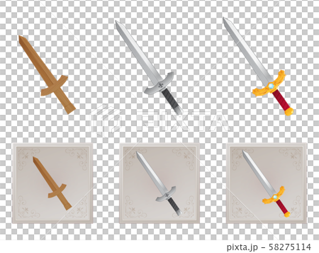 3段階に進化する剣のイラストとフレーム 木 銀 金のイラスト素材