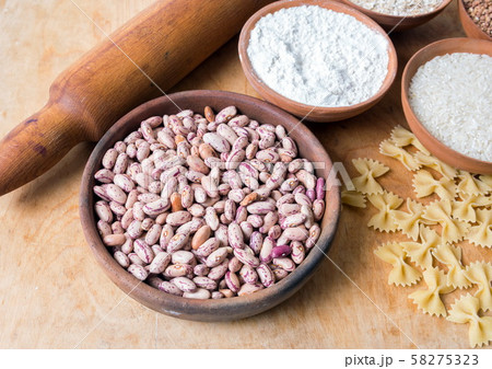 Baking ingedients. Flour and pasta on table Baking ingedients. Flour and pasta on table 58275323