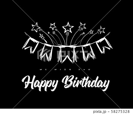 Happy birthday congratulations with flags on ribbons and fireworks from stars. Vector hand drawn 58275328