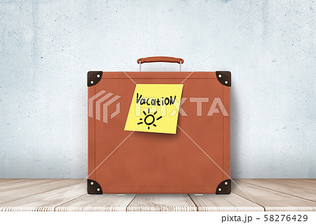 3d rendering of brown retro suitcase with yellow Vacation sign on wooden floor and white wall 3d rendering of brown retro suitcase with yellow Vacation sign on wooden floor and white wall 58276429