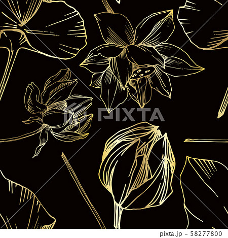 Vector Lotus floral botanical flower. Black and white engraved ink art. Seamless background pattern. Vector Lotus floral botanical flower. Black and white engraved ink art. Seamless background pattern. 58277800