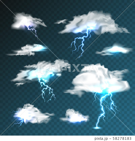 Realistic clouds with lightning set on transparent background. Thunderstorm and lightning bolt 58278183