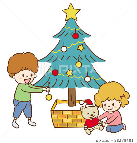 クリスマスツリーを飾り付けする子どもたちのイラスト素材