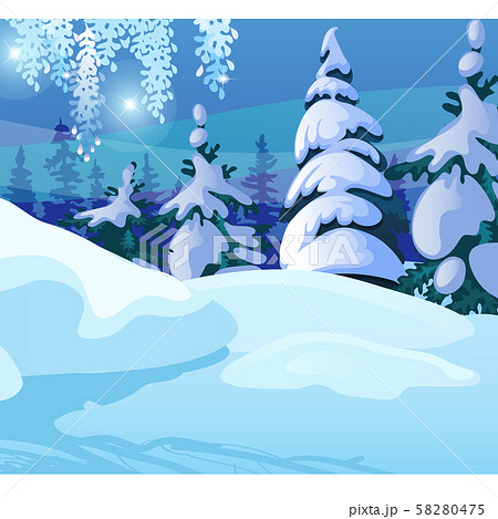 Winter sketch on the background of snowy spruce and tree in the forest. Sample of Christmas and New 58280475