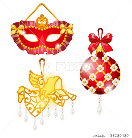 Sketch with Christmas tree decorations different forms isolated on white background. Colorful 58280480