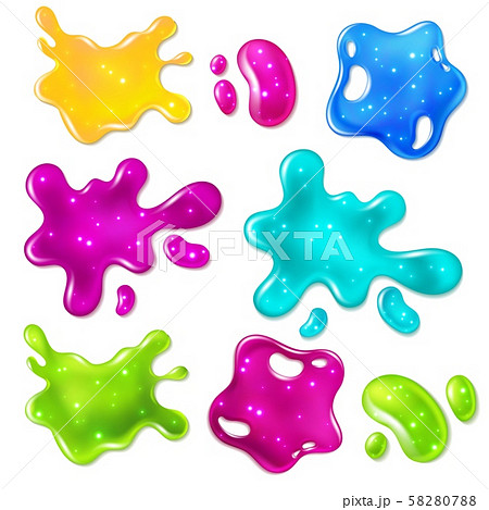 Color slimes. Glossy goo yellow, purple, green and blue slime blots. Girly dripping toys vector Color slimes. Glossy goo yellow, purple, green and blue slime blots. Girly dripping toys vector 58280788