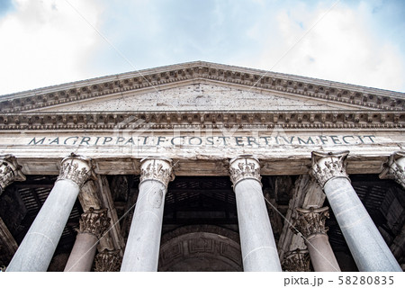 Roman Pantheon - detailed front bottom view of entrance with columns and tympanum. Rome, Italy 58280835