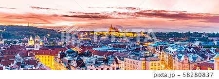 Prague Castle evening scenery. Hradcany with St Vitus Cathedral after sunset. Prague, Czech Republic 58280837