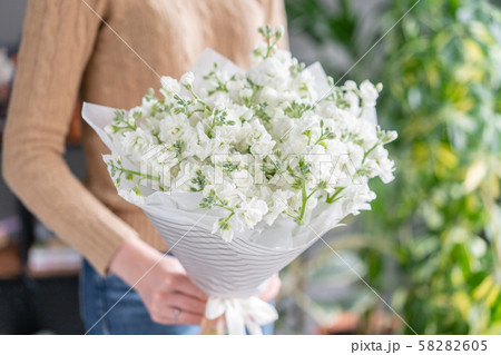 Spring floral. Fresh A bouquet of white Mattioli close up. Womens or Mothers Day Theme. Fresh cut 58282605