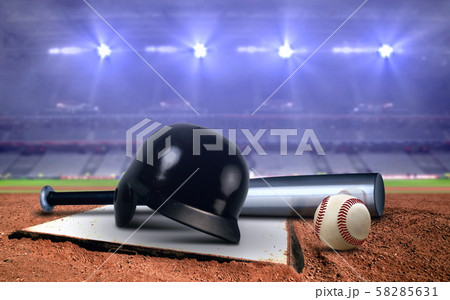 Baseball equipment in a stadium under spotlights 58285631