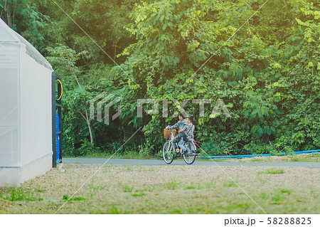 Back view of happiness two brothers wear military camouflage shirts ride bicycle at modern organic farmhouse Back view of happiness two brothers wear military camouflage shirts ride bicycle at modern organic farmhouse 58288825
