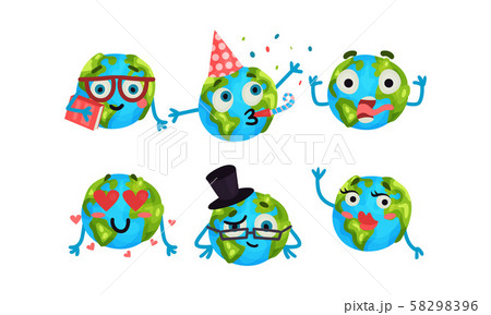 Set Of Cute Cartoon Earth Globe With Different Emotions Vector Illustrations 58298396