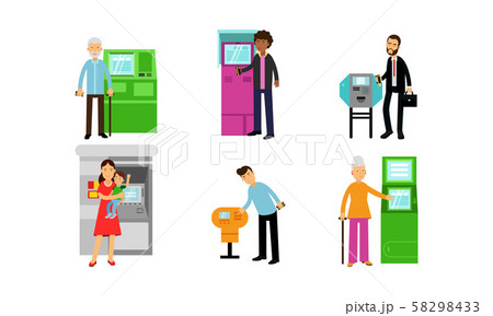 People Using Various Range Of Automatic Teller Machines Vector Illustrations Set 58298433