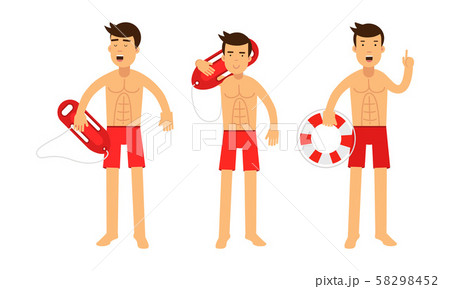 Three Young Handsome Men Baywatchers At Their Job Set Of Vector Illustrations 58298452