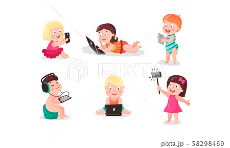 Little Children With Modern Electronic Gadgets Concept Set Of Vector Illustrations 58298469