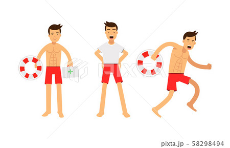 Set Of Vector Illustrations With Three Young Handsome Men Baywatchers At Their Job 58298494