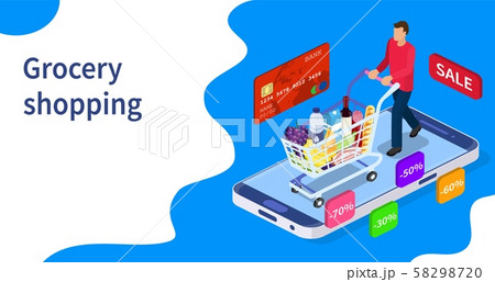Isometric man with shopping cart. Isometric man with shopping cart. 58298720