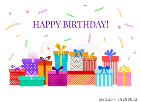 Happy birthday card with gift boxes. Celebratory party greeting poster with colorful confetti 58298932
