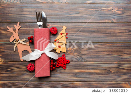 Top view of holiday objects on wooden background. 58302059
