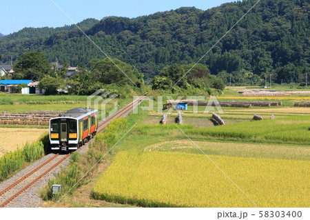水郡線「秋晴れの田園風景とカラフルな列車」 58303400