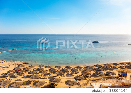 Red sea beach from aerial top view. Tourists relaxing under umbrellas Red sea beach from aerial top view. Tourists relaxing under umbrellas 58304144