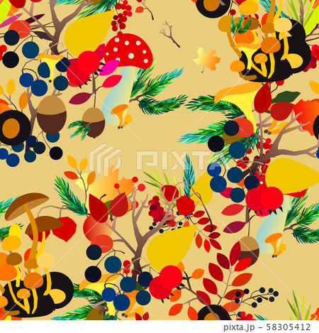 Autumn vector seamless pattern with berries, acorns, pine cone, mushrooms, branches and leaves. Autumn vector seamless pattern with berries, acorns, pine cone, mushrooms, branches and leaves. 58305412