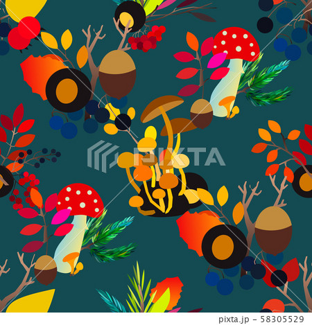 Autumn vector seamless pattern with berries, acorns, pine cone, mushrooms, branches and leaves. Autumn vector seamless pattern with berries, acorns, pine cone, mushrooms, branches and leaves. 58305529
