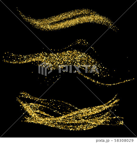 Golden glittering dust tails. Shimmering gold waves with sparkles vector set. Glow wave light Golden glittering dust tails. Shimmering gold waves with sparkles vector set. Glow wave light 58308029