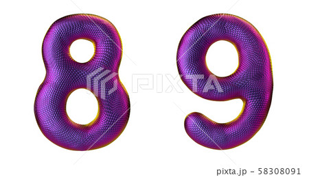 Number set 8, 9 made of realistic 3d render purple color. Collection of natural snake skin texture 58308091