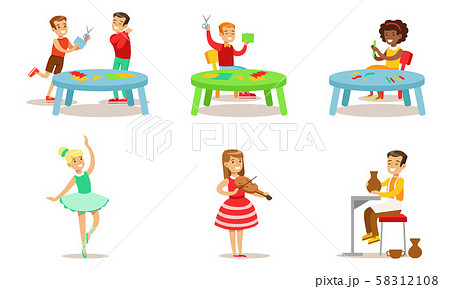 School Children Hobbies Set, Teenagers Boys and Girls Making Application, Sculpting from Plasticine 58312108
