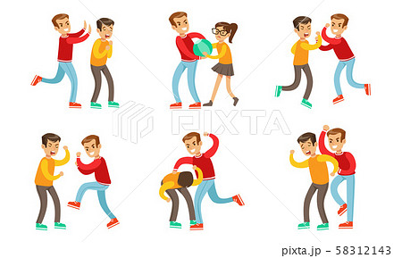 Teenage Boys Fighting and Quarreling Set, Aggressive Behavior at School, Aggressive Boy Bullying 58312143