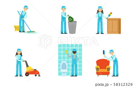 Set of cleaners in a uniform at work. Vector illustration. 58312329