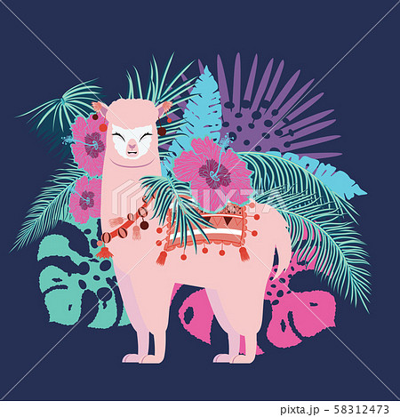 Alpaca with exotic leaves and flowers 58312473