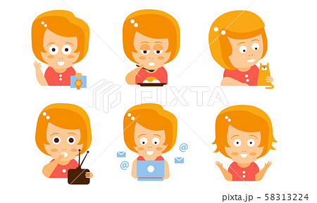 Cartoon red-haired girl with a letter, cat, radio and laptop. Vector illustration. 58313224