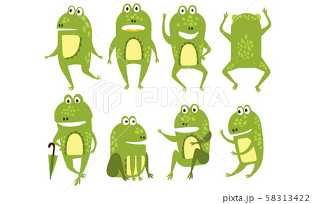 Set of green frogs in different poses and with various emotions. Funny humanized toads. Colorful 58313422