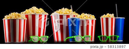 Set of striped buckets with popcorn, cups of drink and glasses isolated on black Set of striped buckets with popcorn, cups of drink and glasses isolated on black 58313897