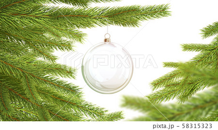 Blank glass christmas ball hanging on pine branch mockup Blank glass christmas ball hanging on pine branch mockup 58315323