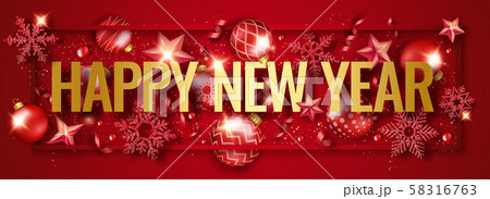 New Year horizontal banner with shining snowflakes, ribbons, stars and colorful balls. New year and New Year horizontal banner with shining snowflakes, ribbons, stars and colorful balls. New year and 58316763