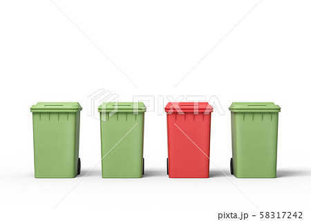3d rendering of three green and one red trash bins 58317242