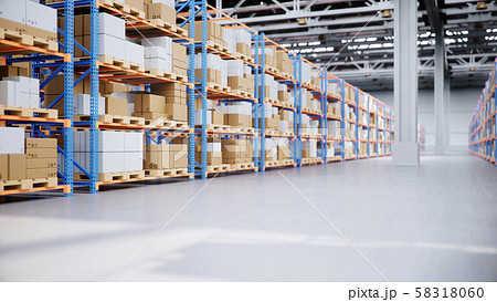 Warehouse with cardboard boxes inside on pallets racks, logistic center. Huge, large modern 58318060