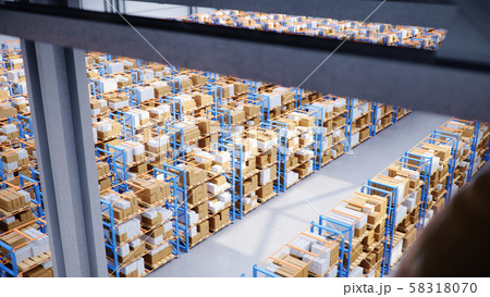 Warehouse with cardboard boxes inside on pallets racks, logistic center. Huge, large modern Warehouse with cardboard boxes inside on pallets racks, logistic center. Huge, large modern 58318070