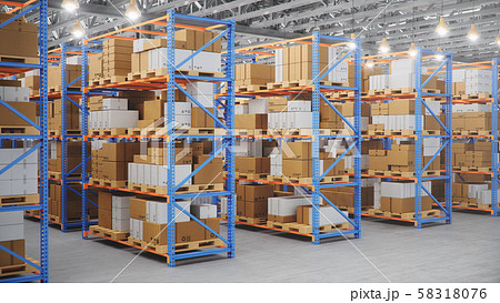 Warehouse with cardboard boxes inside on pallets racks, logistic center. Huge, large modern Warehouse with cardboard boxes inside on pallets racks, logistic center. Huge, large modern 58318076
