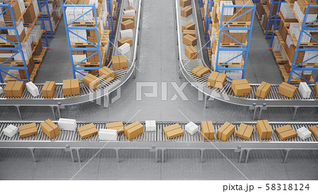 Packages delivery, parcels transportation system concept, cardboard boxes on conveyor belt in 58318124