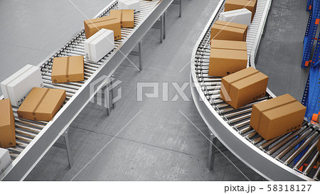 Packages delivery, parcels transportation system concept, cardboard boxes on conveyor belt in 58318127