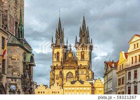 Astronomical clock, Czech: Orloj, and Church of Our Lady before Tyn at Old Town Square in Prgue 58321267