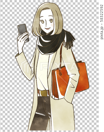 Woman in winter clothes-smile-smartphone Woman in winter clothes-smile-smartphone 58322592