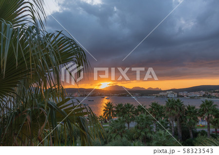 Panoramic sunset view against mountains and sky with thick clouds. Palm trees in the foreground Panoramic sunset view against mountains and sky with thick clouds. Palm trees in the foreground 58323543
