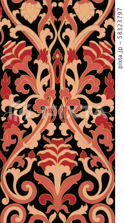 Oriental floral ornament. Colorful template for carpet, shawl, textile, wallpaper and any surface. Pink and black ornamental pattern with filigree details. 58323797