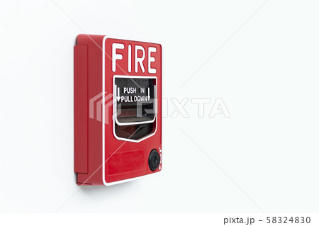 Red fire alarm box on white wall Inside building, 58324830