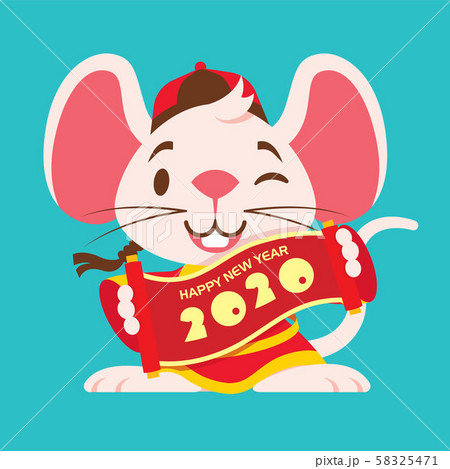Cute happy white mouse with big ears with traditional Chinese jacket holding Chinese scrolls. Chinese New Year 2020. The year of the Rat. - Vector flat art mascot character 58325471